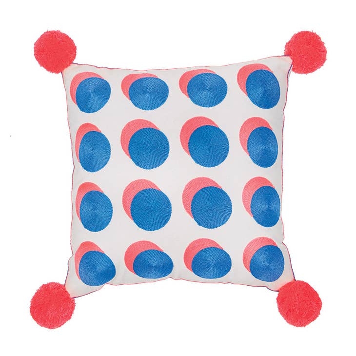 Letterpop Spots Embroidered Cushion - Blue & Coral