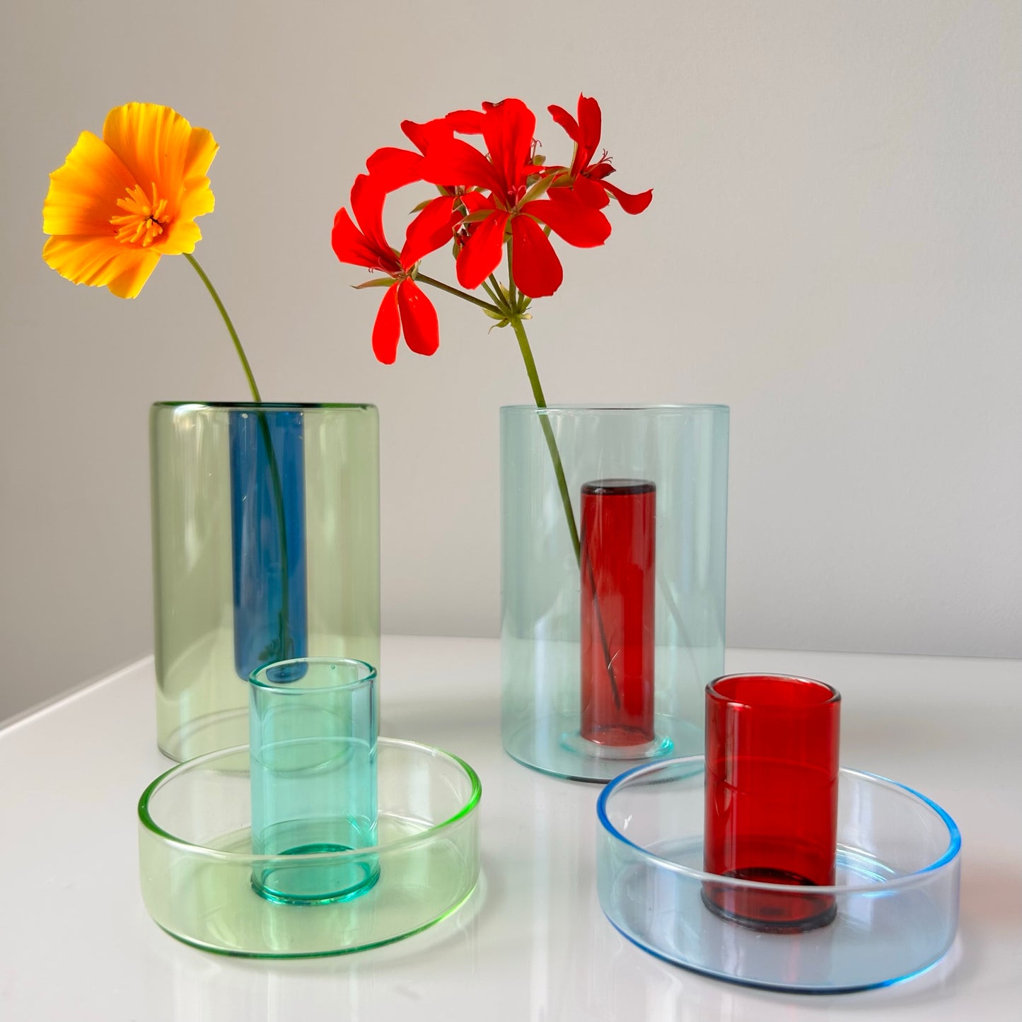 Glass Candlestick Holder - Blue & Red