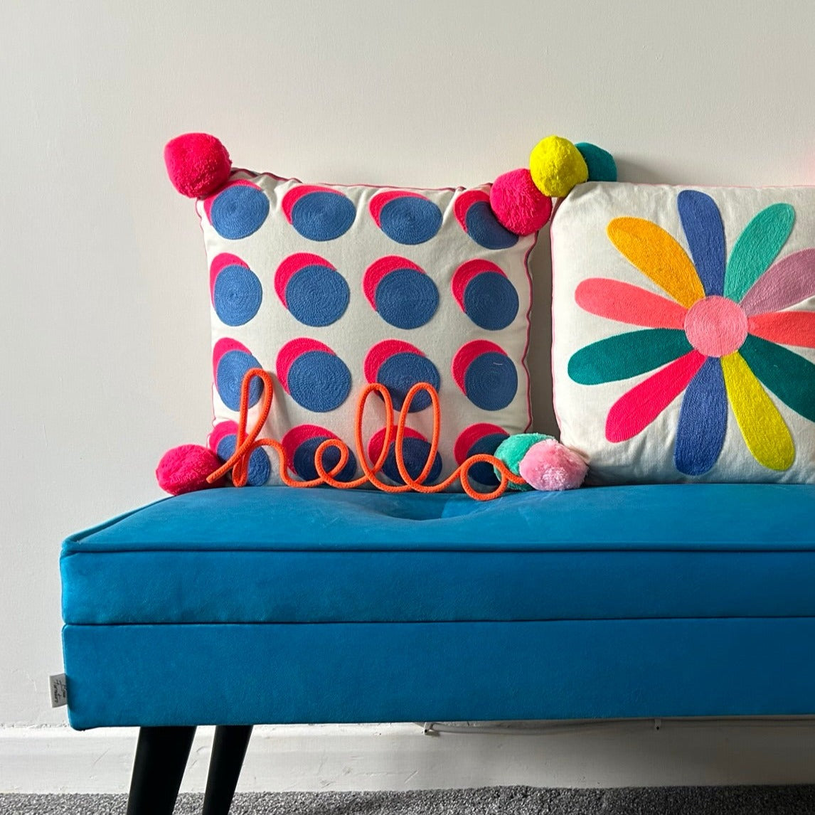 Letterpop Spots Embroidered Cushion - Blue & Coral