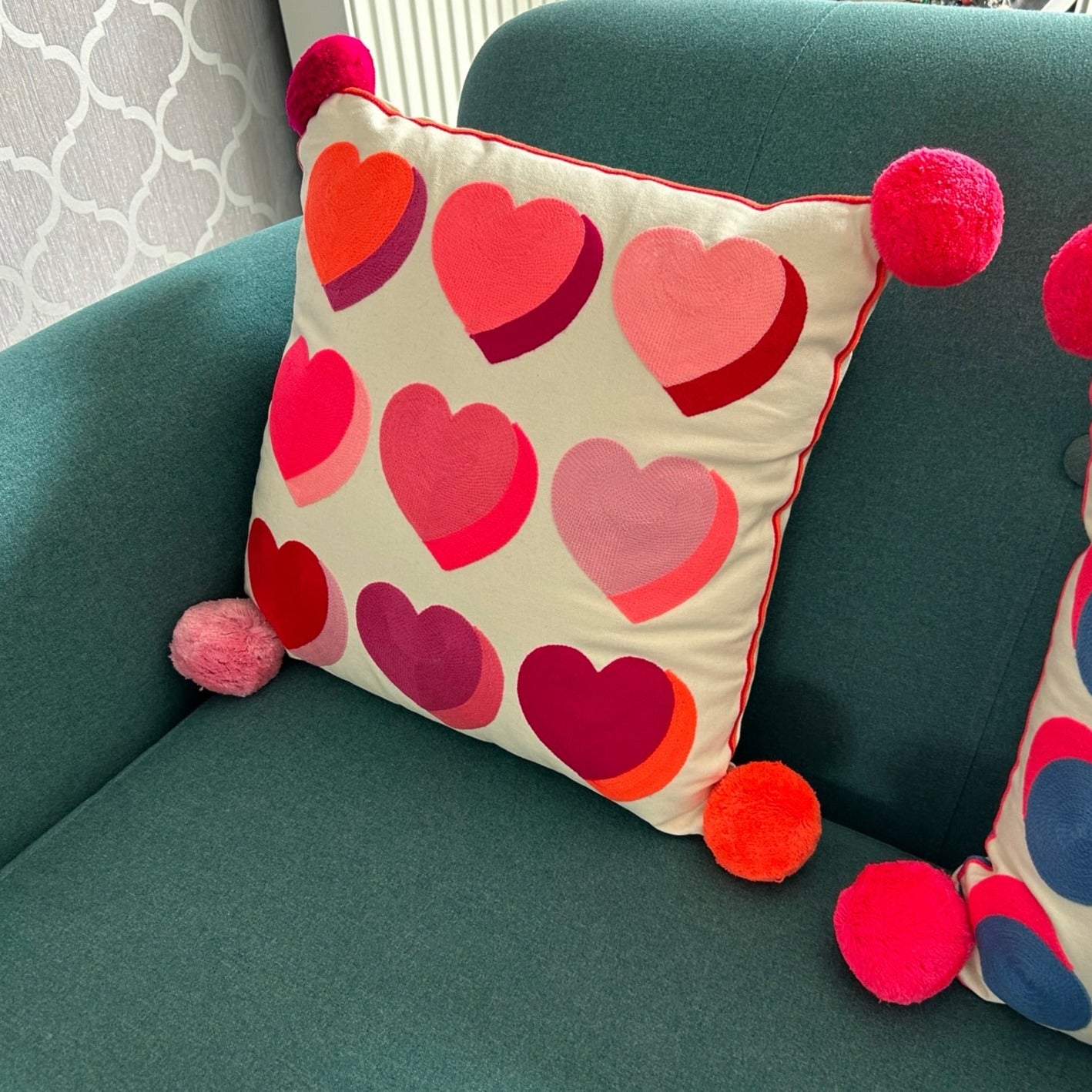 Hearts Embroidered Cushion - Pinks